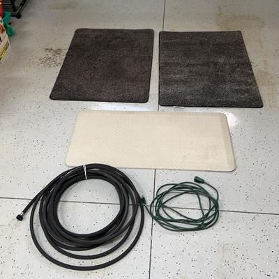 Rubber Hose, Extension Cord, & 3 Floor Shop Mats 