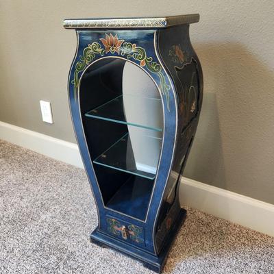 Vintage Asian Handpainted Dark Blue Lacquer Curio Shelf - 13x11x30"