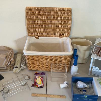 Household Goods Lot - Wicker Storage Basket, Metal Drawer, Hanging Storage Racks, & More