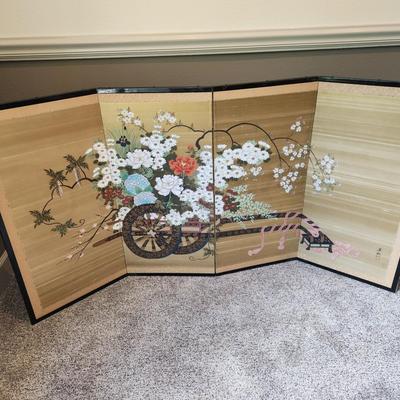 Vintage Asian Handpainted Floral Folding Screen - 72x36"