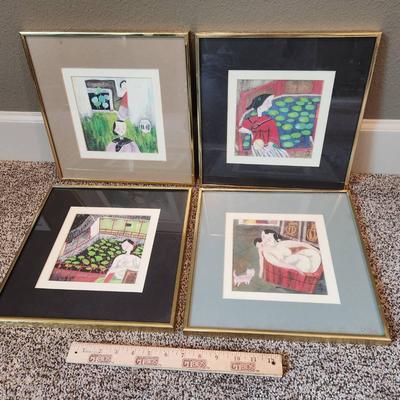 Set of 4 Vintage Framed Asian Domestic Scene Prints - 12x12" ea