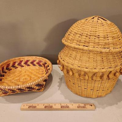 2 Signed Professional Handwoven Baskets 2003-06, w/ Lid