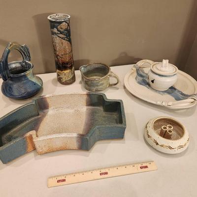 7pc Handmade Studio Pottery - Vases, Platter, Covered Dish, Decor Pieces