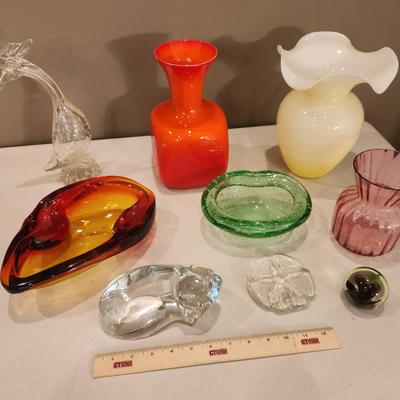9pc Art Glass Collectibles - Murano(?), Val St. Lambert, Pilgrim Cranberry,  