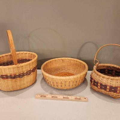 3 Signed Professional Handwoven Baskets, Beaded, 1998-02