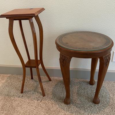Vintage Wooden Carved Glass top End Table & Wooden Plant Stand 