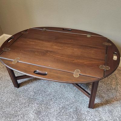 Vintage Wood & Brass Hinged Edges Oval Coffee Table - 42x30x17"