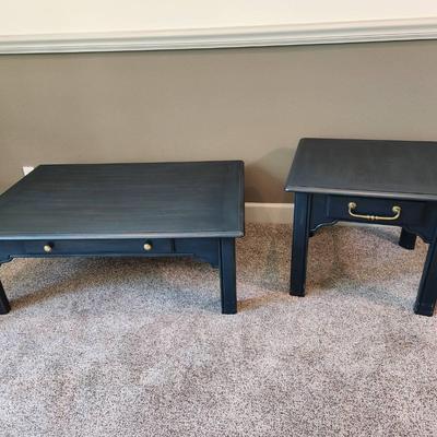 Dark Blue Solid Wood Coffee Table & End Table - 46x32x17" & 26x26x22"