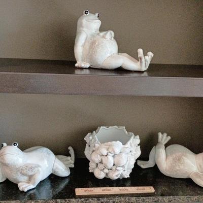 Frog Ceramic Decor - 3 Poses, Seashell Dish. Each 12 To 13 In