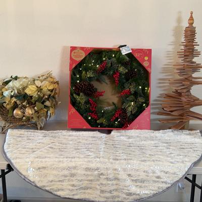 Golden Sleigh Centerpiece, Prelit Evergreen Wreath, Spiral Christmas Tree & Tree Skirt 