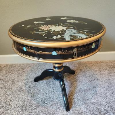 Vintage Asian Black Lacquer Handpainted Table W/ Drawer - 26x26x24"