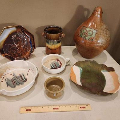 7pc Handmade Studio Pottery/Decor - Vases, Platter, Bowls