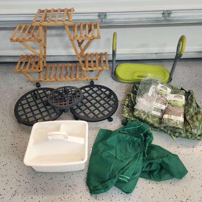 13pc Lawn & Gardening - Wood Rolling Plant Stand, Metal Pot Rollers, Shrub Jackets