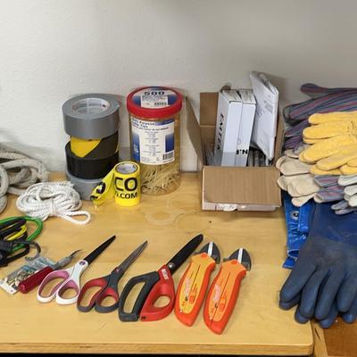 2 Heavy Duty Plastic Tarps, Work Gloves, Ropes, Clamps, Tape & More