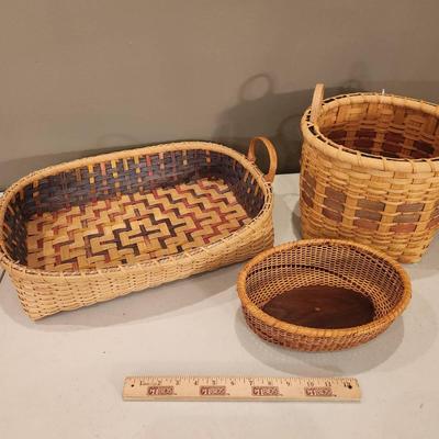 3 Signed Professional Hand Woven Baskets, Colorful, 2002-04