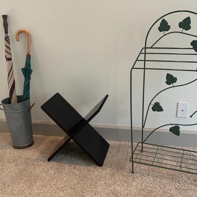 Metal Umbrella Stand W/ Umbrellas, Wooden Book Stand, Metal Grape leaf Stand 