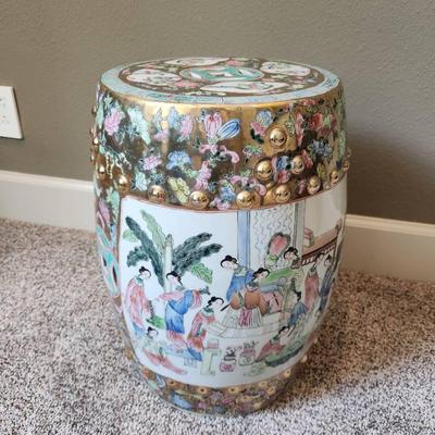 Vintage Asian Handpainted Ceramic Gilt Garden Stool - 13x13x18"