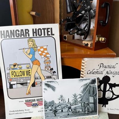 Vintage Nautical & Aviation Lot – Sextant + Navigation Book + WWII Photo + Pilot Chart + Hangar Hote