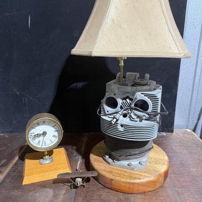 Continental IO-360 Engine Cylinder Core + Aviation Décor (Brass Desk Clock & Spark Plug Plane)