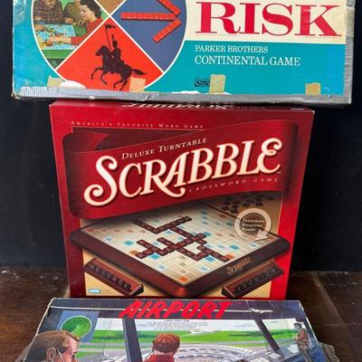 Vintage Board Game Trio – Risk Continental (Parker Bros), Deluxe Scrabble Turntable, Airport (Nation