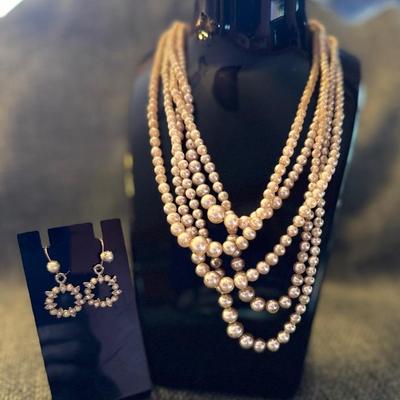 Pearl Like 5 Strand Necklace With Earrings (unmarked) 
