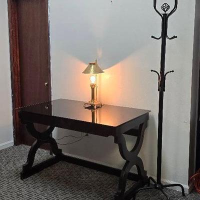 Smoked Glass Top Desk, Replica Brass Orient Express Claw Foot Lamp, Black Metal Hall Tree