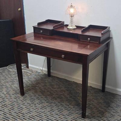 Wood 2-Tier Computer Desk With Pull-Out Keyboard & 2 Top Drawers, Glass Gold Tone Lamp