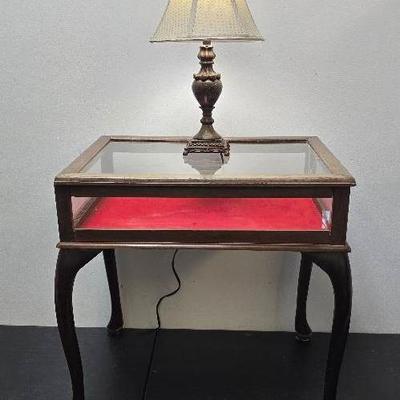 Wood Display/Shadow Box Table With Plexiglass Top & Marble/Resin Base Lamp