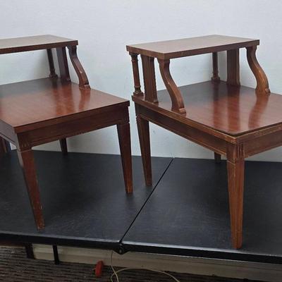 Vintage 2-Tier Matching Wood End Tables With Laminate Tops