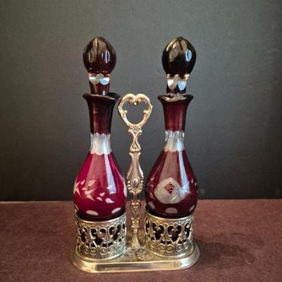 Vintage Ruby Red Etched Cruet Pair on Stand - 9" Tall