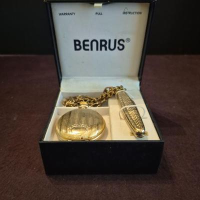 Vintage Benrus Analog Date Pocket Watch with Attached Pocket Knife - Gold Tone - In Gift Box
