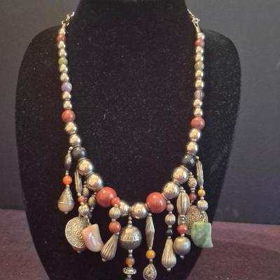 Vintage Metal Bead & Natural Stone Necklace