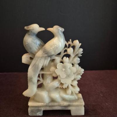 Vintage Chinese Soapstone Hand Carved Birds & Flowers Statue - 4½" x 6¼"