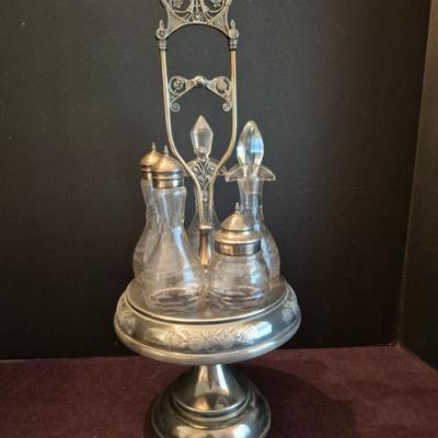 Vintage Cruet Stand with 5 Etched Glass Jars - 18" Tall