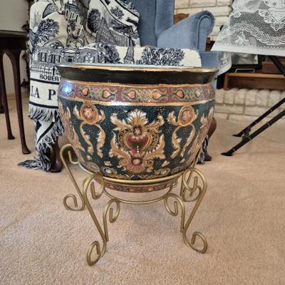 Beautiful Oriental Moriage Planter on Golden Metal Scroll Foot Base - 15" Diameter x 11" Tall (without Base)