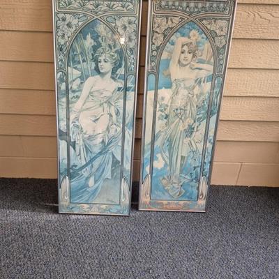 Vintage Alphonse Mucha "Morning Awekening" & "Brightness of Day" Framed Lithographs - 16" Wide x 46" Tall