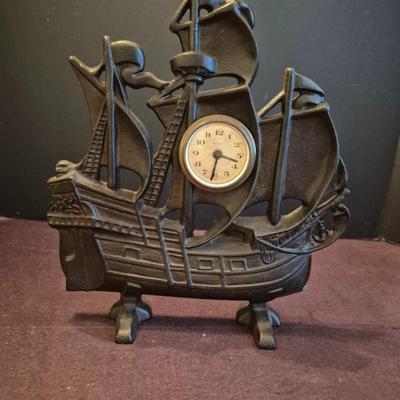 Vintage c. 1930 Hubley Cast Iron Painted Galleon Nautical Lux Clock/Doorstop - 10" Wide x 11¼" Tall
