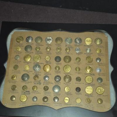 Vintage Railroad Button Display - 63 Buttons in All - 14" Wide x 11" Deep x 2" Tall