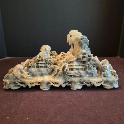 Vintage Hand Carved Chinese Soapstone Village Scene Sculpture - 12" x 6"