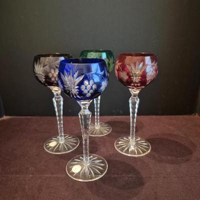 Vintage Crystal Clear Ind. 24% Lead Crystal Hock Wine Glasses - Amethyst, Cobalt, Emerald & Ruby