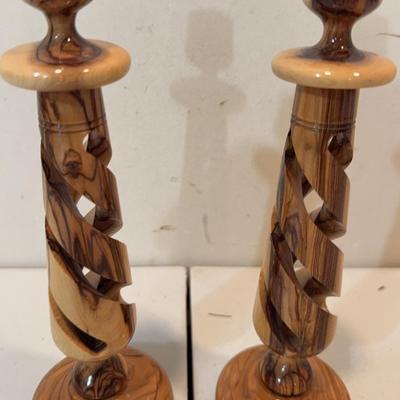 Israeli Olive Wood Sprial Candlestick Holders 