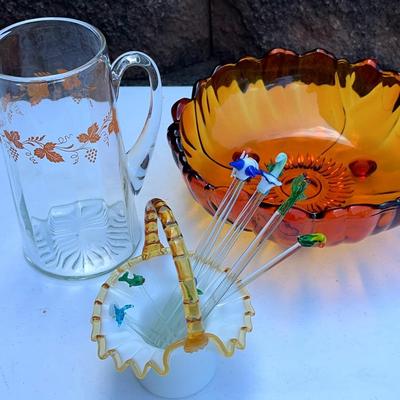 Collection of Vintage Glass Serving Pieces + Stir Sticks