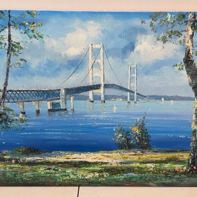 Mackinac Bridge - Straights of Mackinac in Michigan - Painting on Canvas by Janine 