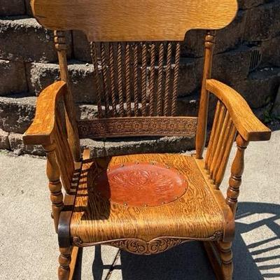 Vintage Oak Rocking Chair with Leather Seat