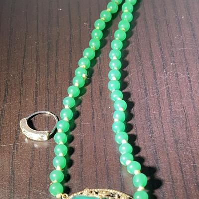 Antique Green Stone Necklace & Sterling Ring