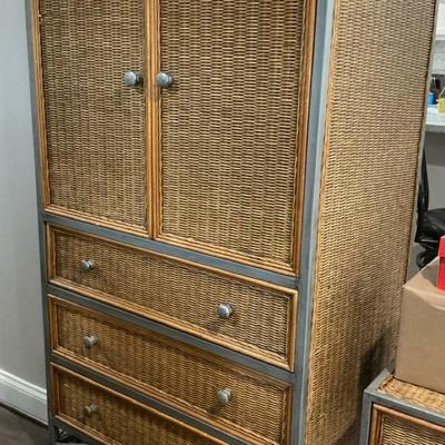 Armoire Style Clothing Cabinet With Wicker Detail 