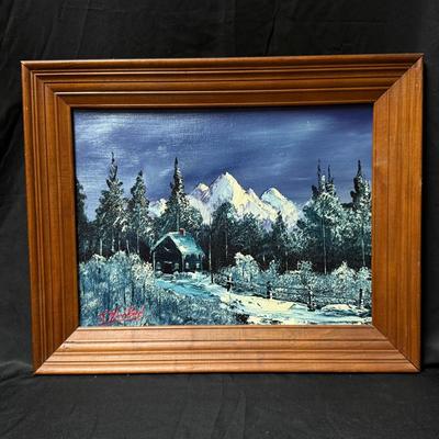 Lot 427: S. Winstead Oil Painting – Winter Cabin Scene, 15”x19”