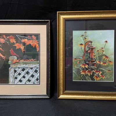 Lot 442: Set of 2 Gouache Paintings by John Winstead – Autumn Cardinal & Rustic Water Pump