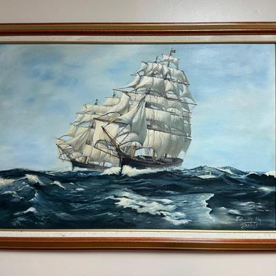Lot 413: Large Original Oil Painting by John M. Winstead – Tall Ship at Sea – 1984 Nautical Art