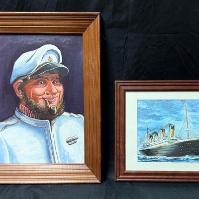 Lot 428: Lot of 2 Nautical Artworks – JM Winstead Oil Painting “Captain with Pipe” & Titanic Drawing